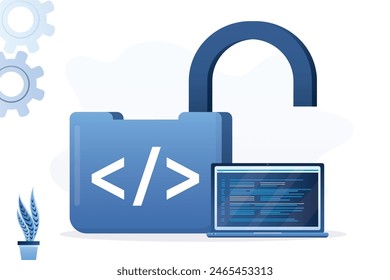 Programación de código abierto, los productos digitales incluyen permiso para utilizar el código fuente de programación. Ingeniero de software sentado en candado desbloqueado con símbolo de codificación. Codificador o programador trabajando. Vector