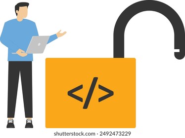 Open source programming. software programmer working on unlock key with coding symbol, digital product includes permission to use programming source code.

