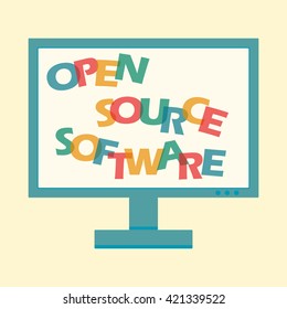 Open source software by bright letters on computer screen. Vector illustration for fee license code, app, program, ideology, script
