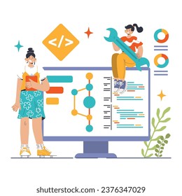 Open source. Software with code available for use, modification, and distribution. Collaborative free accessible software. Flat vector illustration