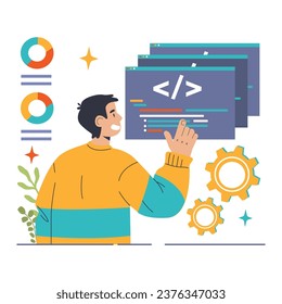 Open source. Software with code available for use, modification, and distribution. Collaborative free accessible software. Flat vector illustration