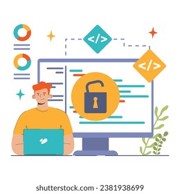 Open source. Software with code available for use, modification, and distribution. Collaborative free accessible software. Flat vector illustration