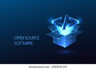 Open source software concept with glowing code symbol emerging from open box. Abstract wireframe design on dark blue background. Technology, innovation, collaboration. Futuristic vector illustration