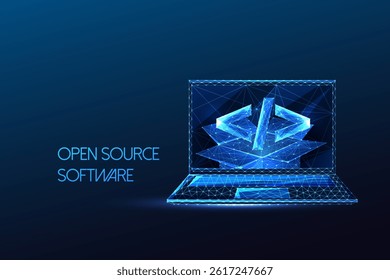 Open source software and programming concept with glowing laptop and code symbol on dark blue background. Futuristic low poly style, abstract vector illustration.