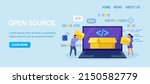 Open source. Tiny programmers programming website for internet platform. Developers creating open code or software script. Free software for the computer. Download and install file for free