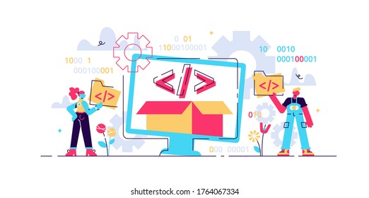 Open Source Vector Illustration. Flat Tiny Programming Language Persons Concept. Developer Protocol Platform Interface With Code Information. Digital Software Script, Text, Signs And Computer Data.