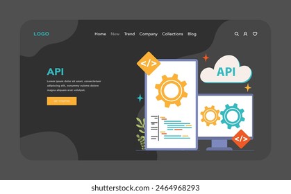 Open source web banner or landing page dark or night mode. Software with code available for use, modification, and distribution. Collaborative free accessible software. Flat vector illustration