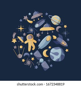 Open space abstract circle shape. Kids template on blue background.