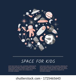 Open space abstract circle shape. Kids template on blue background.