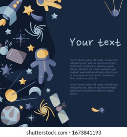 Open space abstract greeting card. Kids template on blue background with text area.