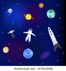 open space with astronaut, flying saucer, rocket, stars, milky way, satellite, earth on dark background. cosmos