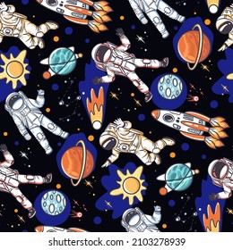 Open space, astronauts and planets. Seamless pattern with hand drawn vector illustrations with cosmos theme