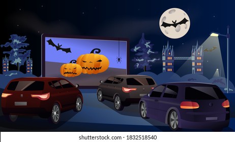 Open Space Auto Theater. Drive-in Cinema. Open-air Cars Are Watching A Movie On The Movie Screen. Halloween Concept, With Pumpkin, Spiders, Bat, Full Moon. Vector