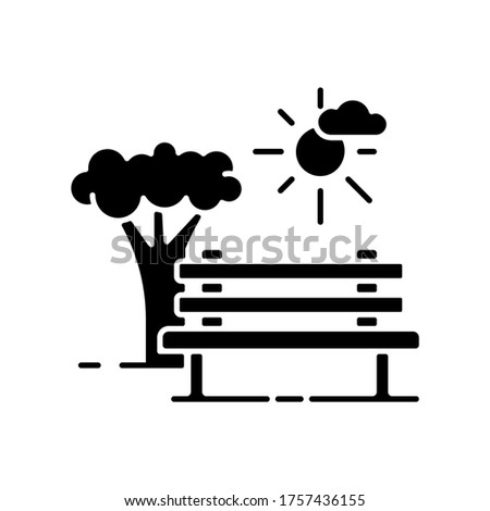 Open space black glyph icon. Public park with bench to sit. Urban ground for recreation. Eco friendly place for relaxation. Silhouette symbol on white space. Vector isolated illustration