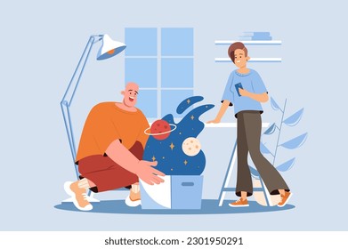 Open space blue concept with people scene in the flat cartoon style. Team of scientists explores an open space in the office. Vector illustration.