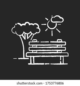 Open space chalk white icon on black background. Public park with bench to sit. Urban ground for recreation. Eco friendly place for relaxation. Isolated vector chalkboard illustration