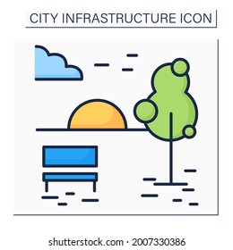 Open space color icon. Public park with a bench to sit. Areas open for use for recreation. Outline drawing. Public city infrastructure concept. Isolated vector illustration