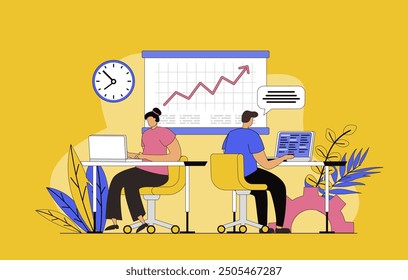 Open space concept with modern flat design for web. Man and woman working together in coworking office, freelancers collaborating and teamwork, discussing and brainstorming. Vector illustration.