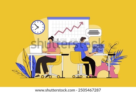 Open space concept with modern flat design for web. Man and woman working together in coworking office, freelancers collaborating and teamwork, discussing and brainstorming. Vector illustration.