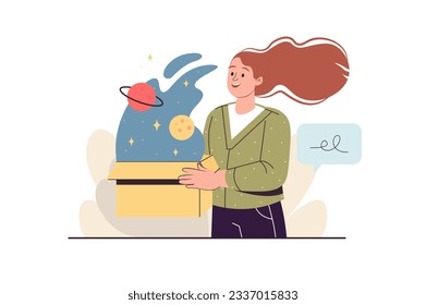 Open Space Konzept mit Menschen-Szene im flachen Cartoon-Stil. Das Mädchen arbeitet mit offenem Raum. Vektorgrafik.