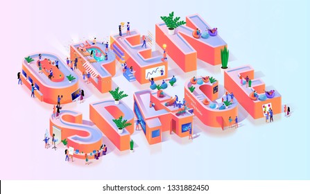 Open Space Corporate Office Typography Banner. Business Team Work in Creative Loft Workplace. Communication Idea at Freelance Environment Concept Motivation Isometric 3d Vector Illustration