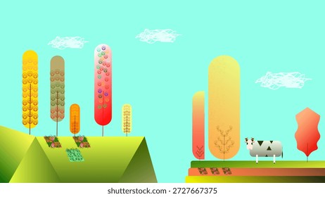 open space in the countryside where animals graze in green meadows surrounded by colorful trees.