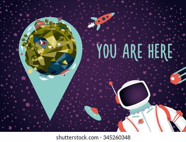 Open space. Earth location in a deep space. Illustration with Earth, astronaut and location marker. You will not get lost.