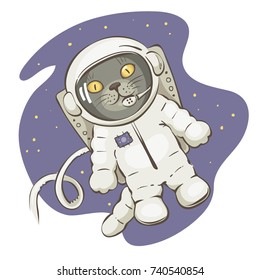 In open space / Funny vector illustrations with grey cat in space suit