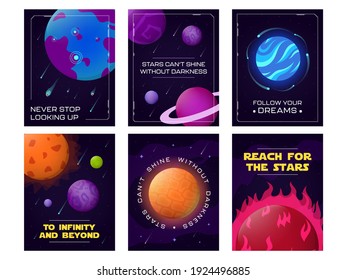 Open space greeting cards set. Planets, orbits, comets, asteroids, stars vector illustrations with text. Science fiction club, education, cosmos studying concept for postcard and posters design