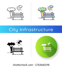Open space icon. City public park with bench to sit. Urban ground for recreation. Eco friendly place for relaxation. Linear black and RGB color styles. Isolated vector illustrations