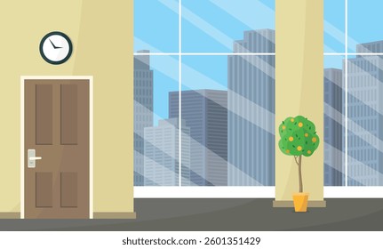 Open space interior with city view. Office, medical center rental concept. Commercial real estate.