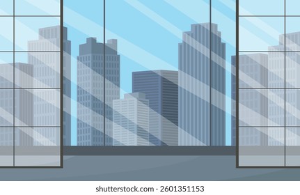 Open space interior with partitions and view of buildings. Commercial property for rent.