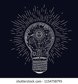 
open space in a lamp. solar system. sketch for printing on clothes. vintage retro vintage style engraving.