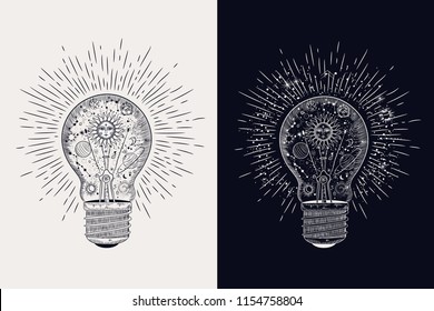 
open space in a lamp. solar system. sketch for printing on clothes. vintage retro vintage style engraving.