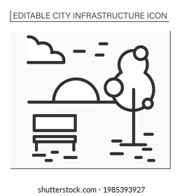 Open space line icon. Public park with a bench to sit. Areas open for use for recreation. Outline drawing. Public city infrastructure concept. Isolated vector illustrations. Editable stroke