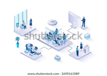 Open space office 3d isometric concept with isometry people design for web. Employees working in coworking place together, setting and doing tasks, collaborating and brainstorm. Vector illustration.