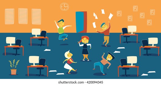 Open space office. Celebration happy day. Smiled happy workers dancing in the office. 