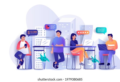 Open space office concept in flat design. Colleagues work in coworking space scene template. Teamwork, brainstorming and discussion of work tasks. Vector illustration of people characters activities