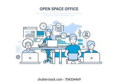 Open space office concept. Interior of the room. Business team, teamwork. Workplaces indoors. Working space with furniture. Illustration thin line design of vector doodles, infographics elements.