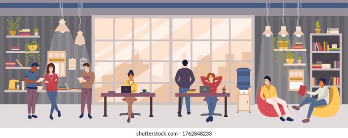 Open space office or co-working center interior design concept with people.Multicultural group of employees or freelancers working at their workplaces, conduct meeting and relaxing vector illustration