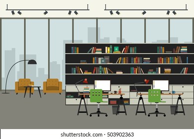 Open space office in flat style with working places, bookshelf and lounge zone.