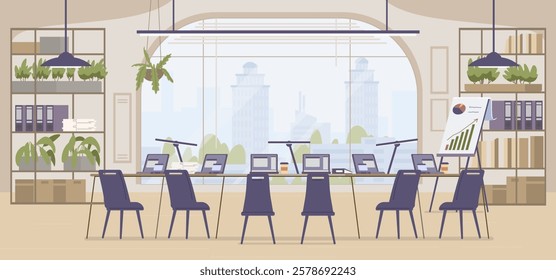 Open space office interior with no people flat vector illustration.