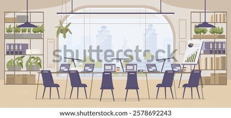 Open space office interior with no people flat vector illustration.