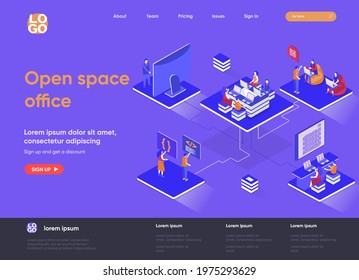 Open space office isometric landing page. Collaboration at coworking open space isometry concept. Comfortable workplace for developers team flat web page. Vector illustration with people characters.