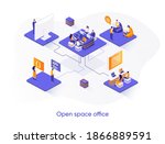 Open space office isometric web banner. Collaboration at coworking open space isometry concept. Comfortable workplace for developers team 3d scene design. Vector illustration with people characters.