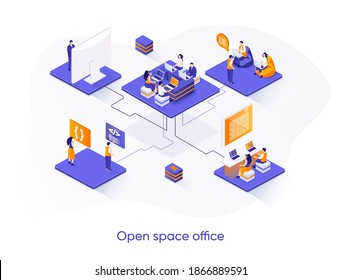 Open space office isometric web banner. Collaboration at coworking open space isometry concept. Comfortable workplace for developers team 3d scene design. Vector illustration with people characters.