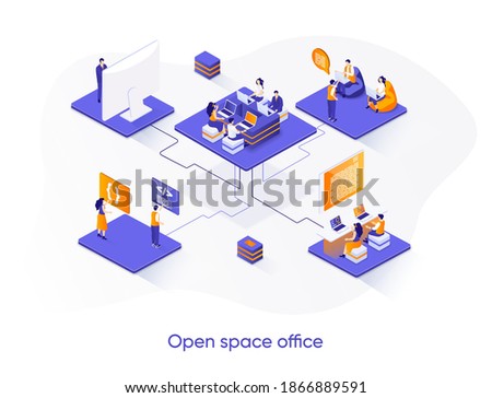 Open space office isometric web banner. Collaboration at coworking open space isometry concept. Comfortable workplace for developers team 3d scene design. Vector illustration with people characters.