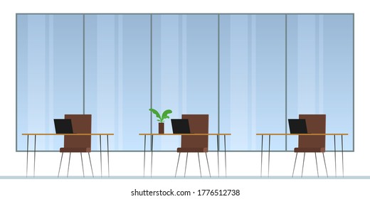 Oficina de espacio abierto con ventana panorámica. Ilustración vectorial.