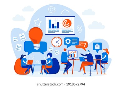 Open space office web design with people characters. Colegues togeather work in office scene. Coworking space composition in flat style. Vector illustration for social media promotional materials.