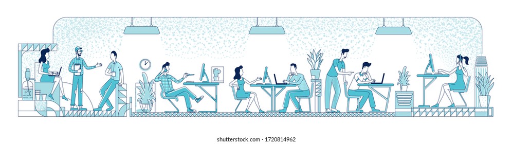 Open space office workers flat silhouette vector illustration. Business people, corporate workers outline characters on white background. Busy employees at coworking place simple style drawing